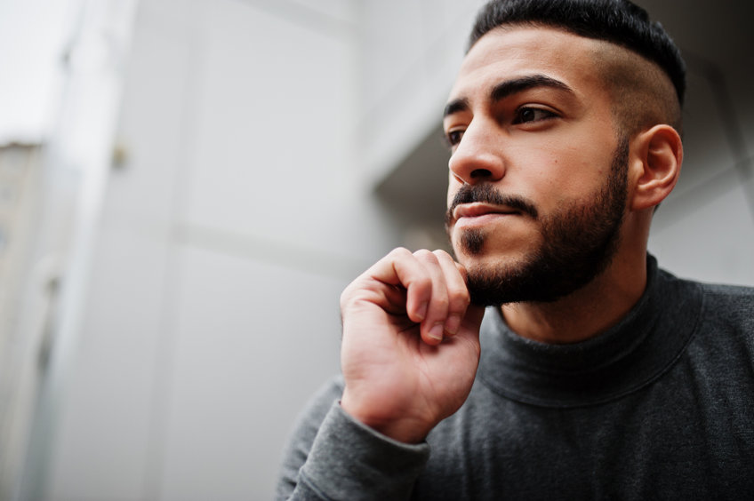 Portrait of stylish arab beard man wear grey turtleneck. Arabian