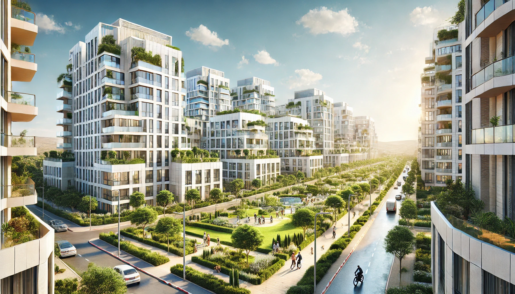 DALL·E 2024-12-18 16.43.08 - A realistic depiction of developed land in Hod Hasharon, Israel. The scene includes modern residential buildings surrounded by green landscaped garden