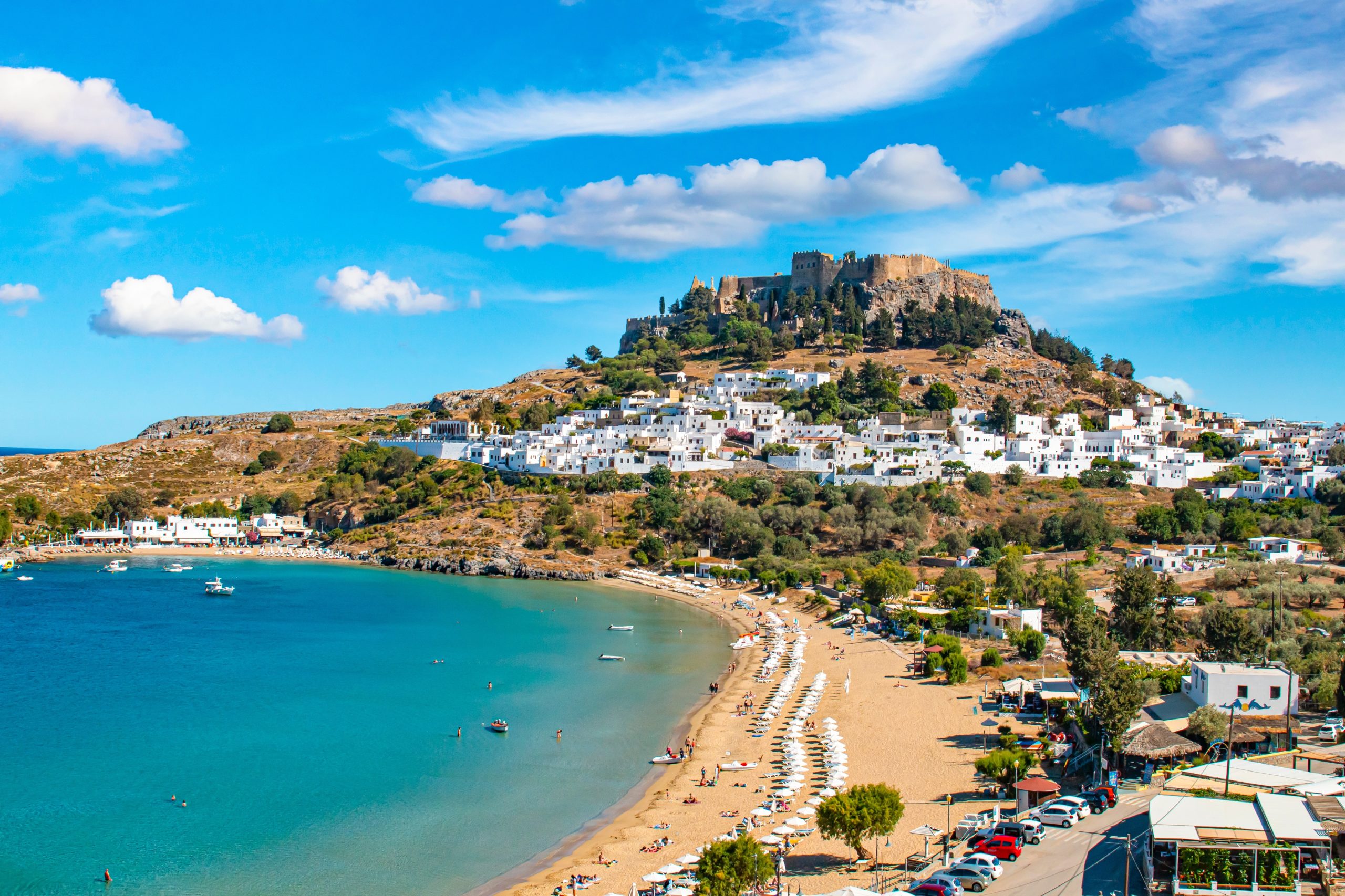 Rhodes,,Greece.,Lindos,Small,Whitewashed,Village,And,The,Acropolis,,Scenery